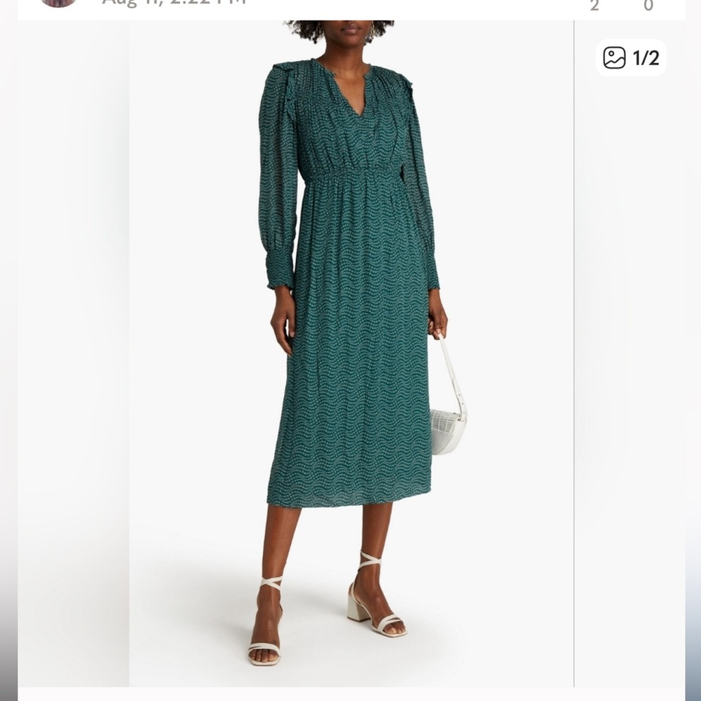 Ba&sh Emerald green Lucy Gathered Printed Georgette Midi Dress size small